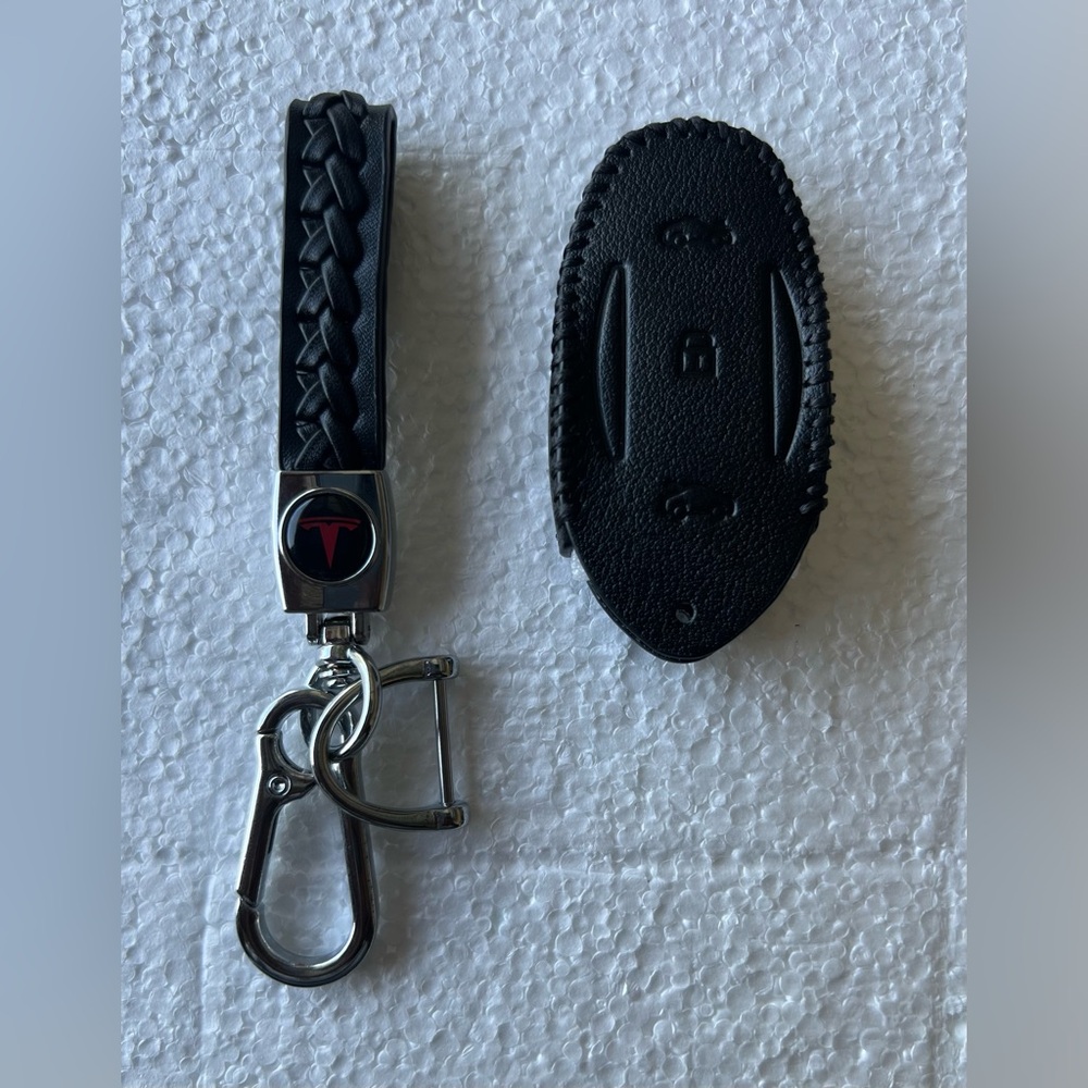 TESLA Braided Black Leather Chrome Keychain & Black Leather Car Key Fob Cover